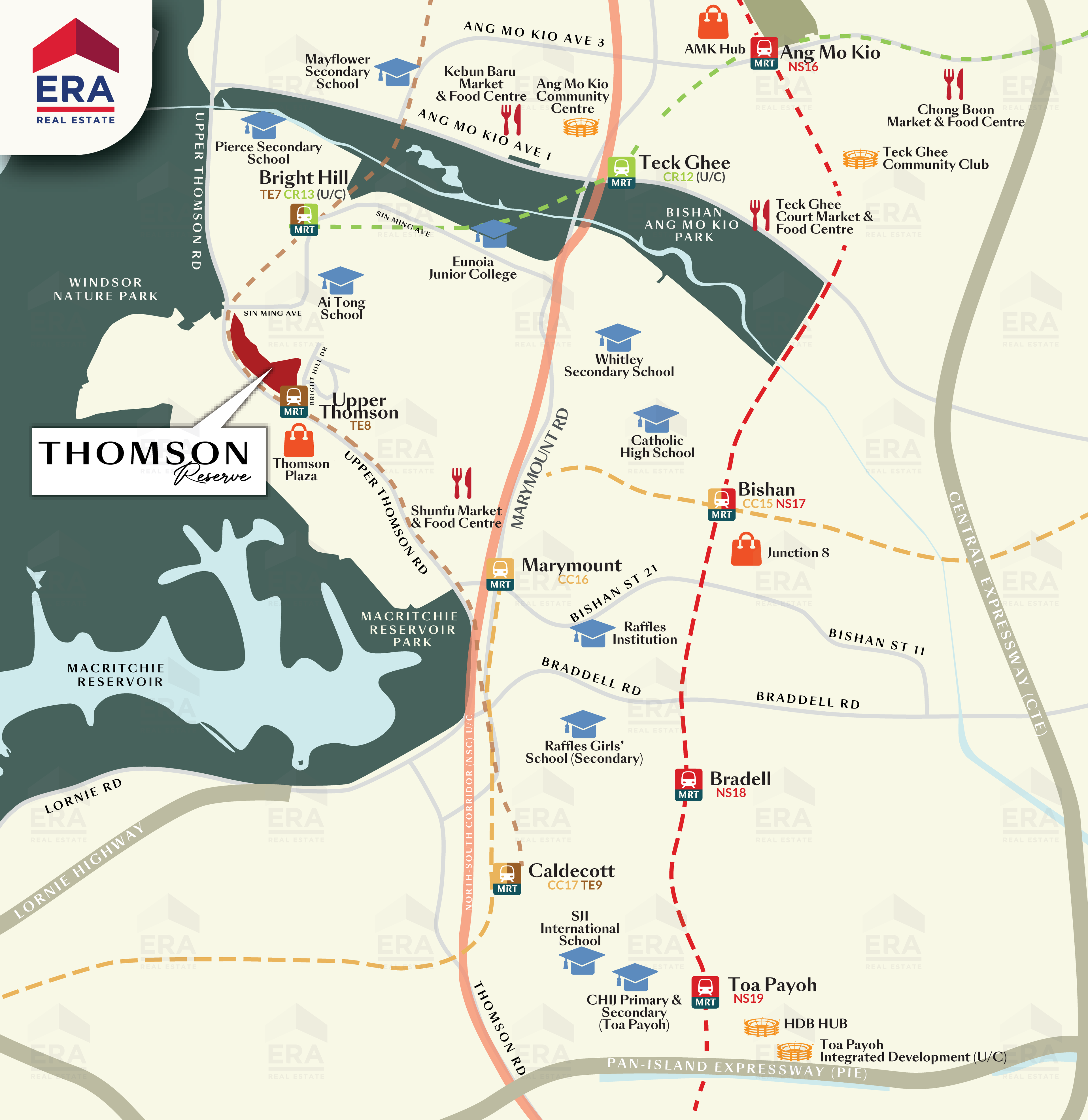 ERA Thomson Reserve preliminary location map showing Upper Thomson MRT, Thomson Plaza, schools and nearby parks.