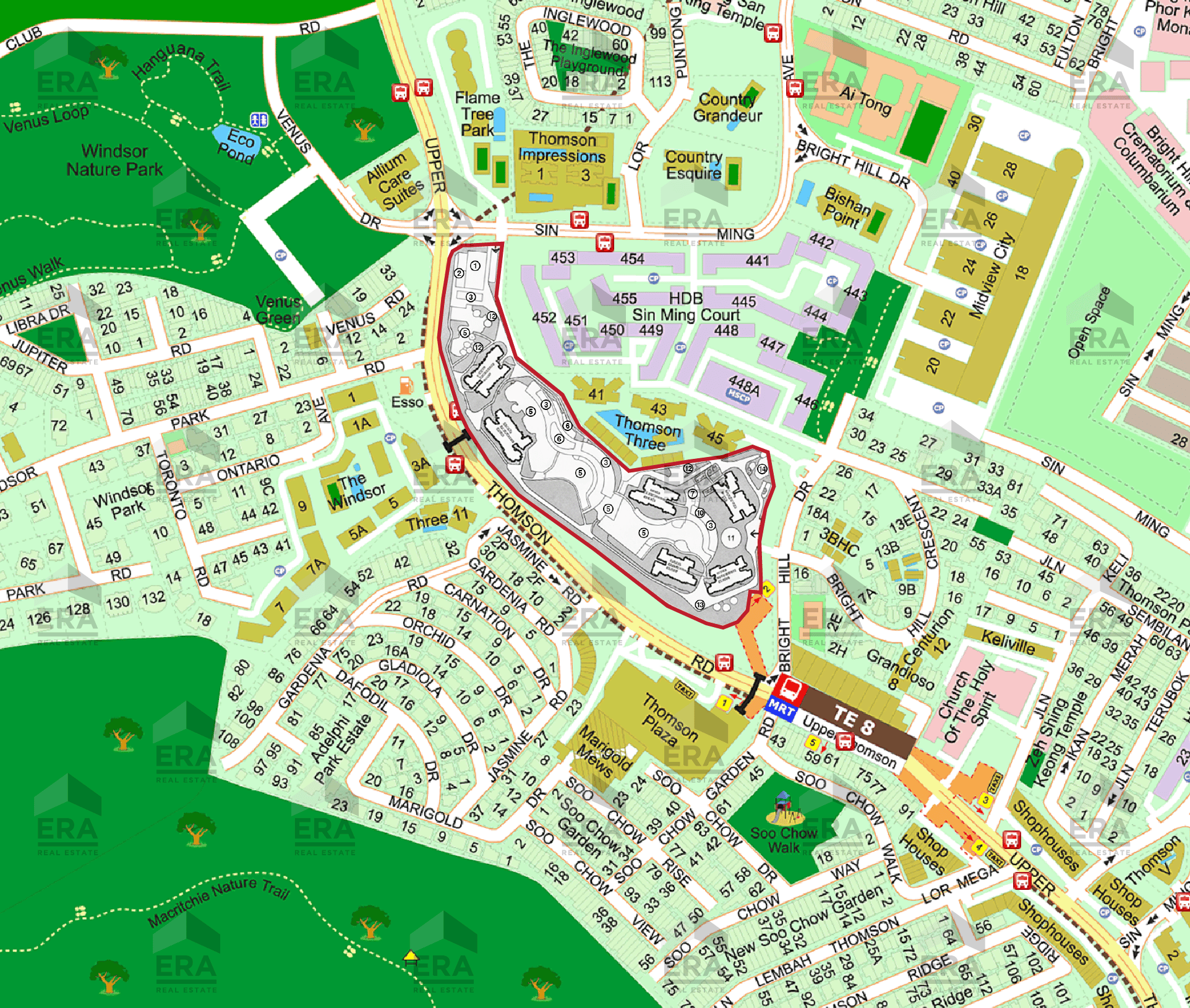 Superimposed Thomson Reserve site plan over the surrounding street and neighbouring developments.